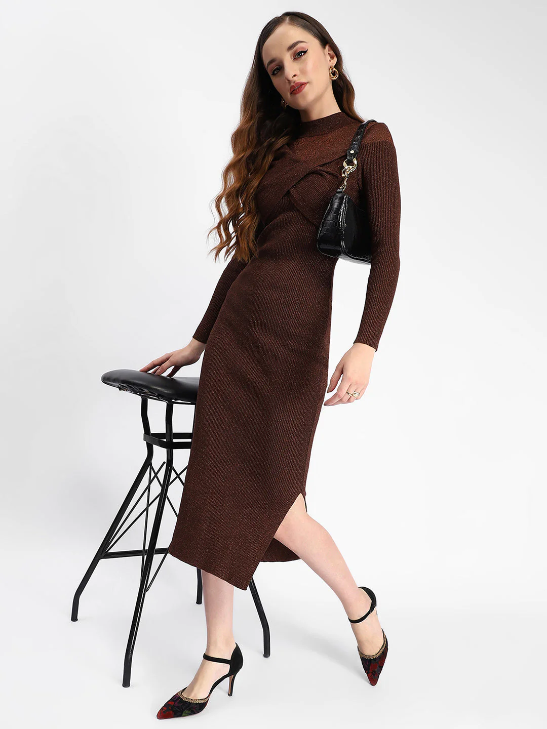 Madame Twisted Detailing Ribbed Bodycon Brown Dress - Image 2