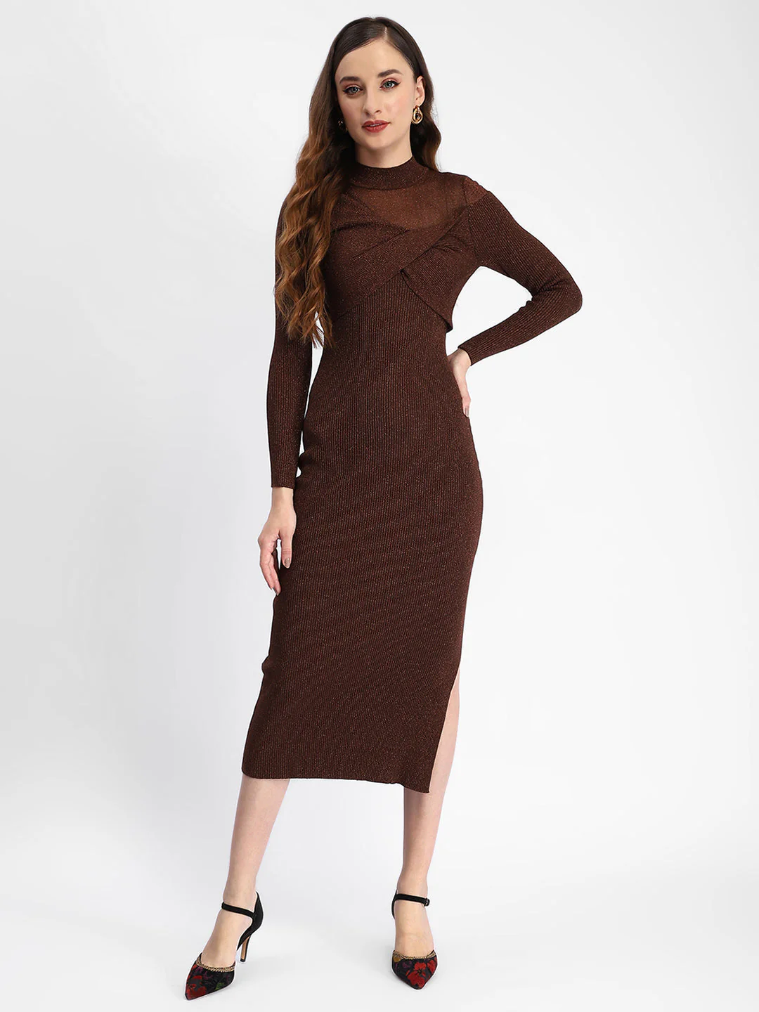 Madame Twisted Detailing Ribbed Bodycon Brown Dress - Image 4