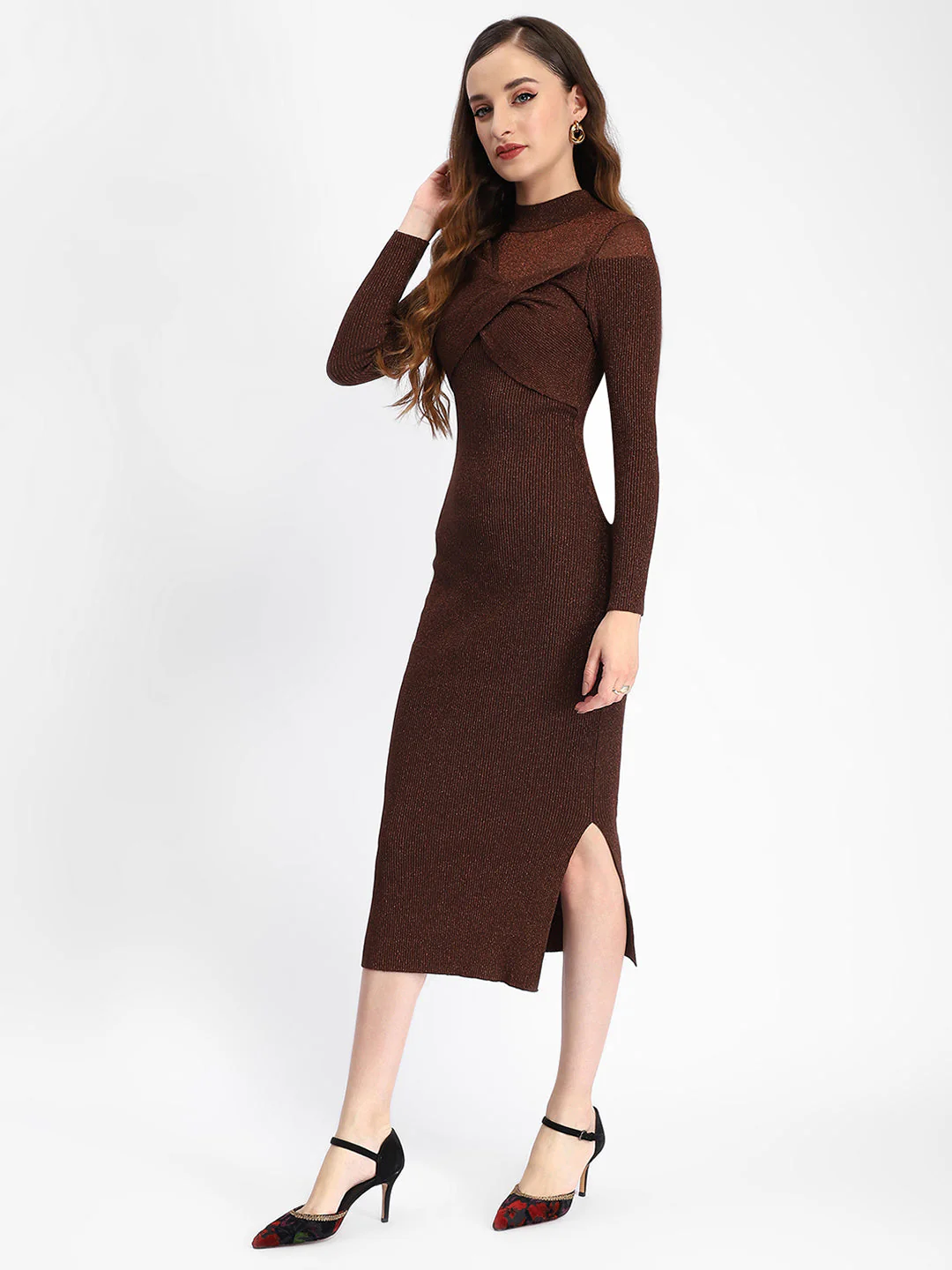 Madame Twisted Detailing Ribbed Bodycon Brown Dress - Image 5