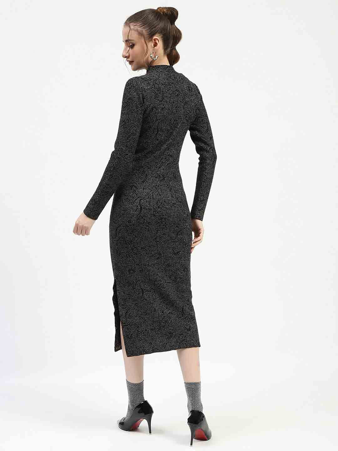 Madame Black Textured Bodycon Dress with Long Sleeves Sweater - Image 5