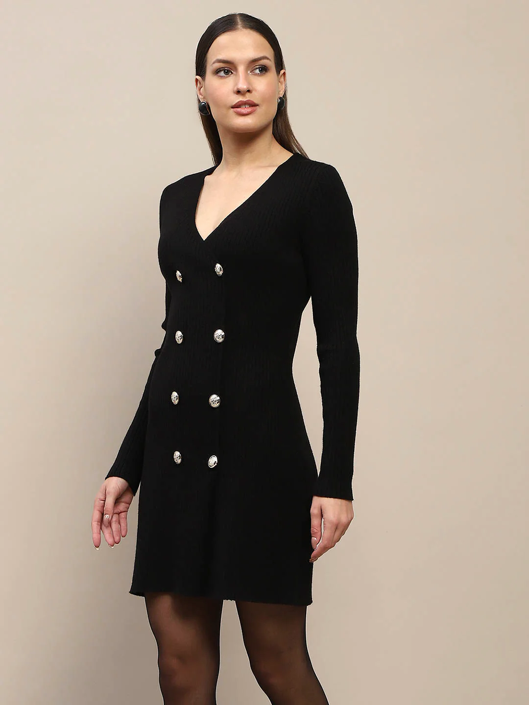 Madame Double Breasted V Neck Black Knitted Mini Dress - Image 5