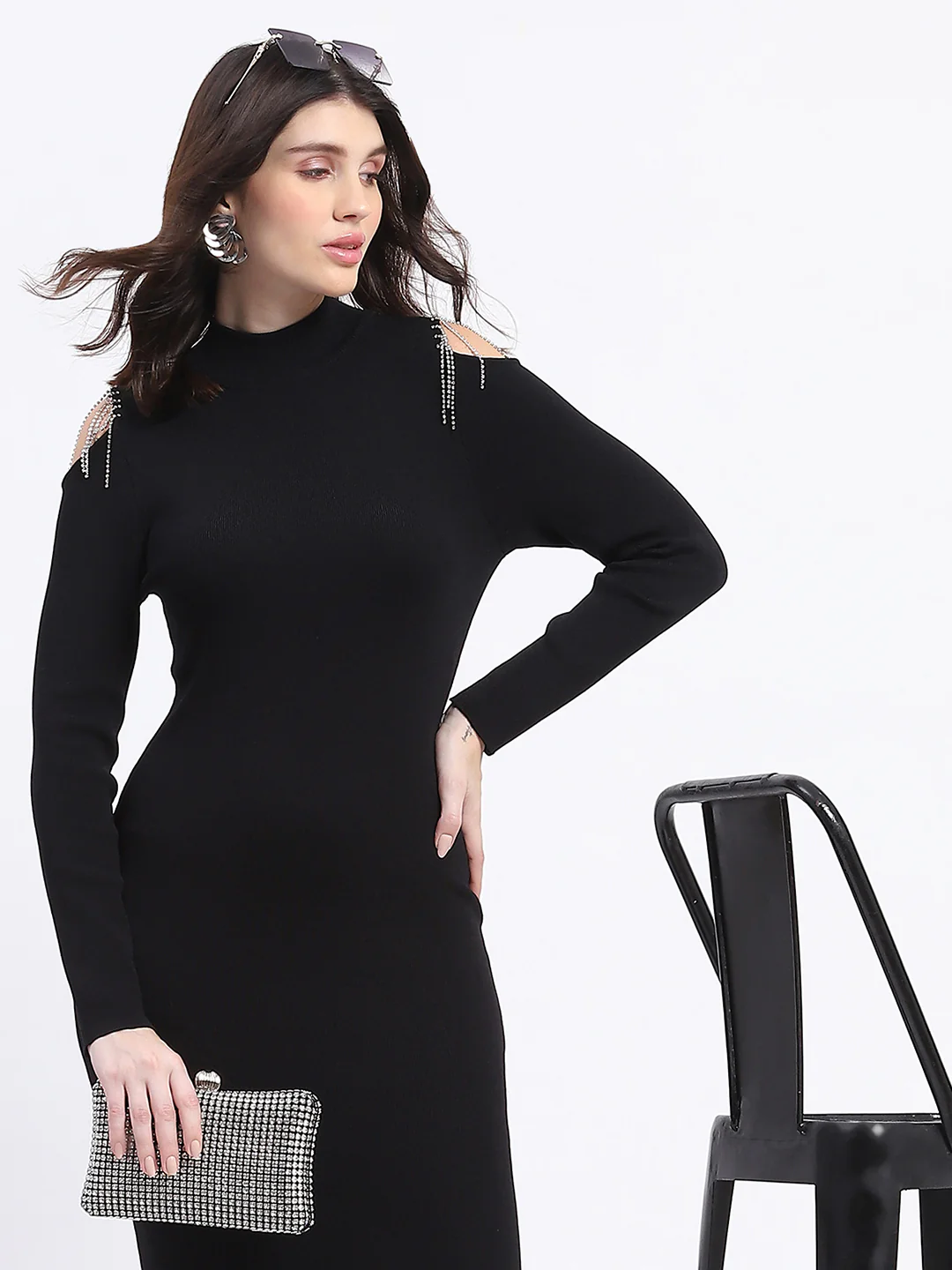 Madame Rhinestone Embellished Cold Shoulder Black Midi Dress - Image 3