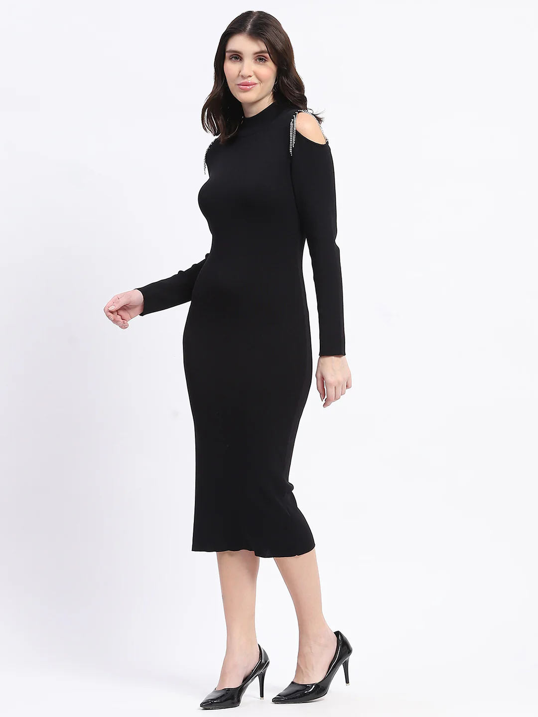 Madame Rhinestone Embellished Cold Shoulder Black Midi Dress - Image 5