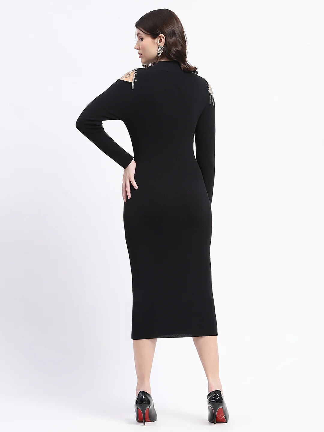 Madame Rhinestone Embellished Cold Shoulder Black Midi Dress - Image 6