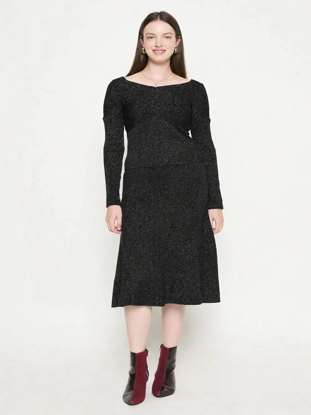 Madame Black Shimmer Detailed Off Shoulder Top and Skirt Ensemble