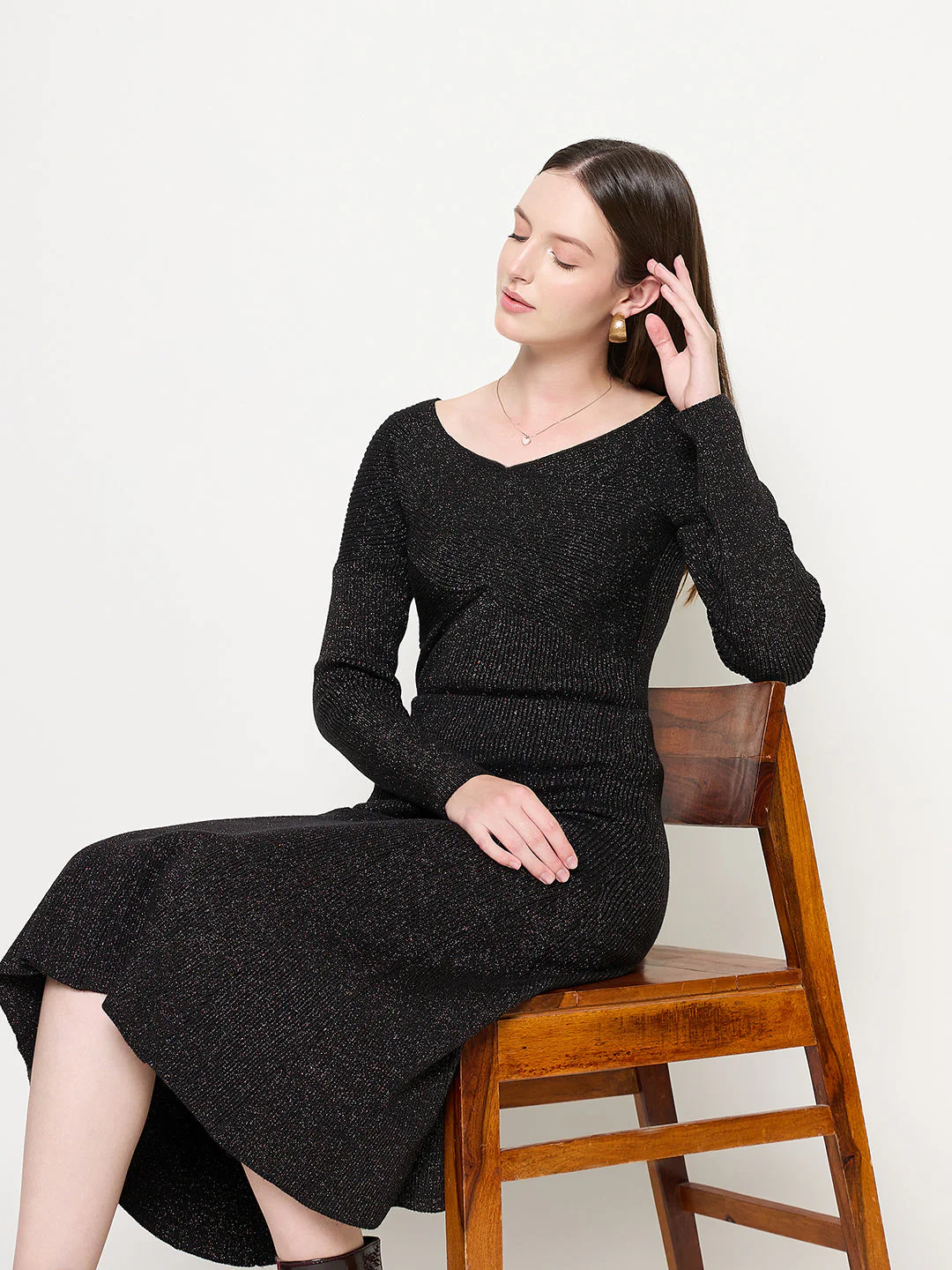 Madame Black Shimmer Detailed Off Shoulder Top and Skirt Ensemble - Image 2