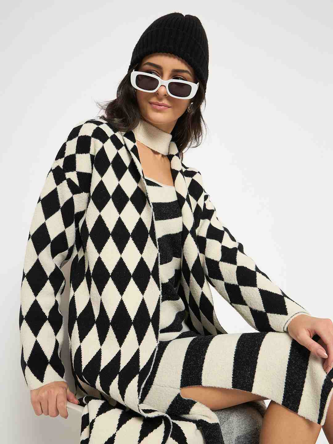 Madame Zebra Striped Dress with Geometric Print Shrug Black Co-Ord Set - Image 2
