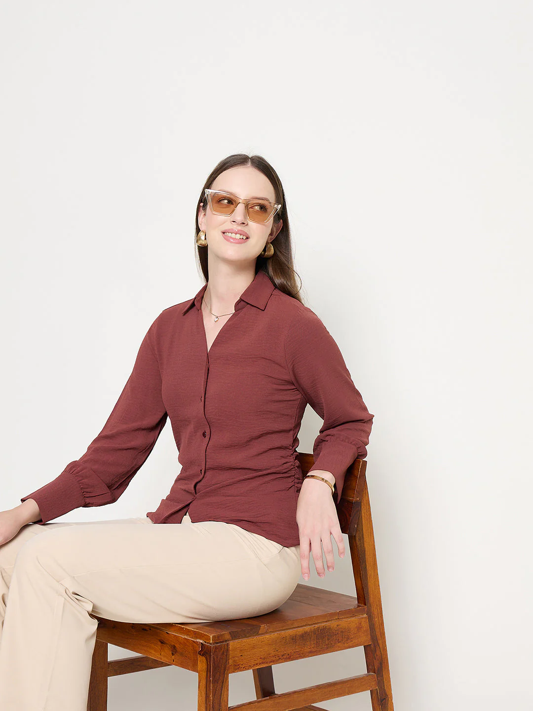 Madame Button Down Wing Necked Side Ruched Solid Brown Shirt