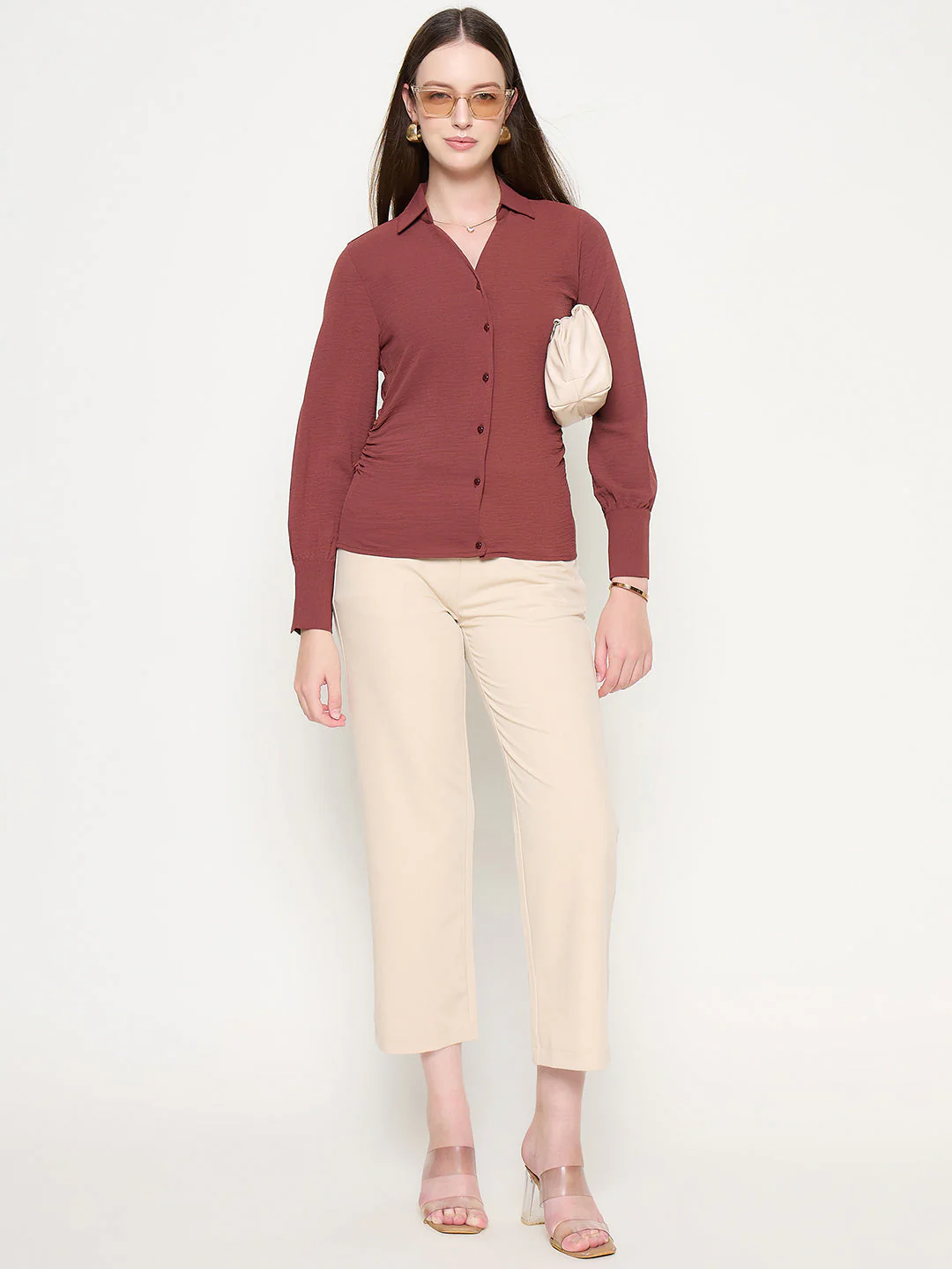 Madame Button Down Wing Necked Side Ruched Solid Brown Shirt - Image 2