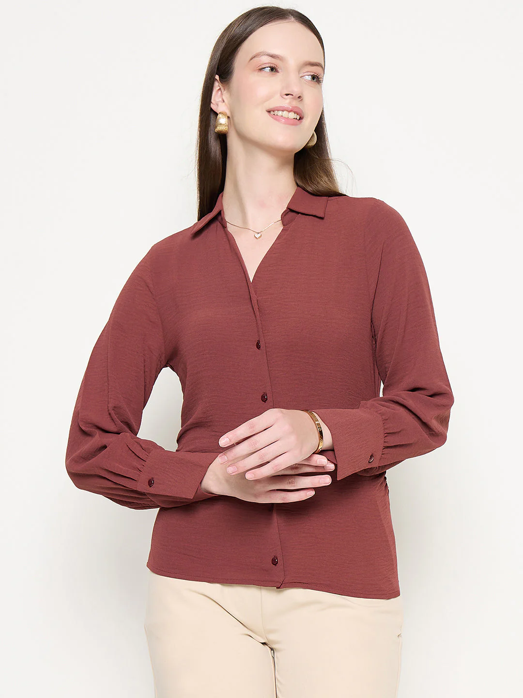 Madame Button Down Wing Necked Side Ruched Solid Brown Shirt - Image 3