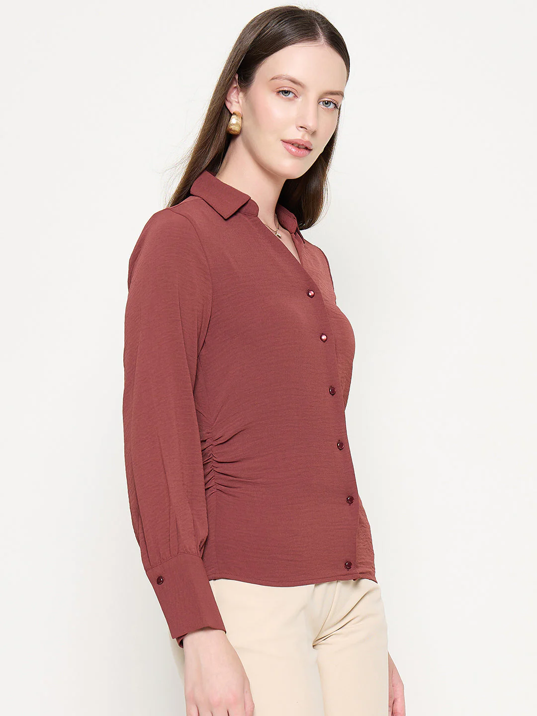 Madame Button Down Wing Necked Side Ruched Solid Brown Shirt - Image 4
