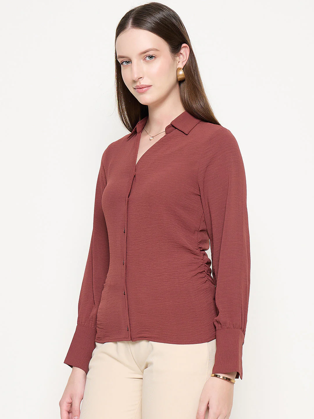 Madame Button Down Wing Necked Side Ruched Solid Brown Shirt - Image 5