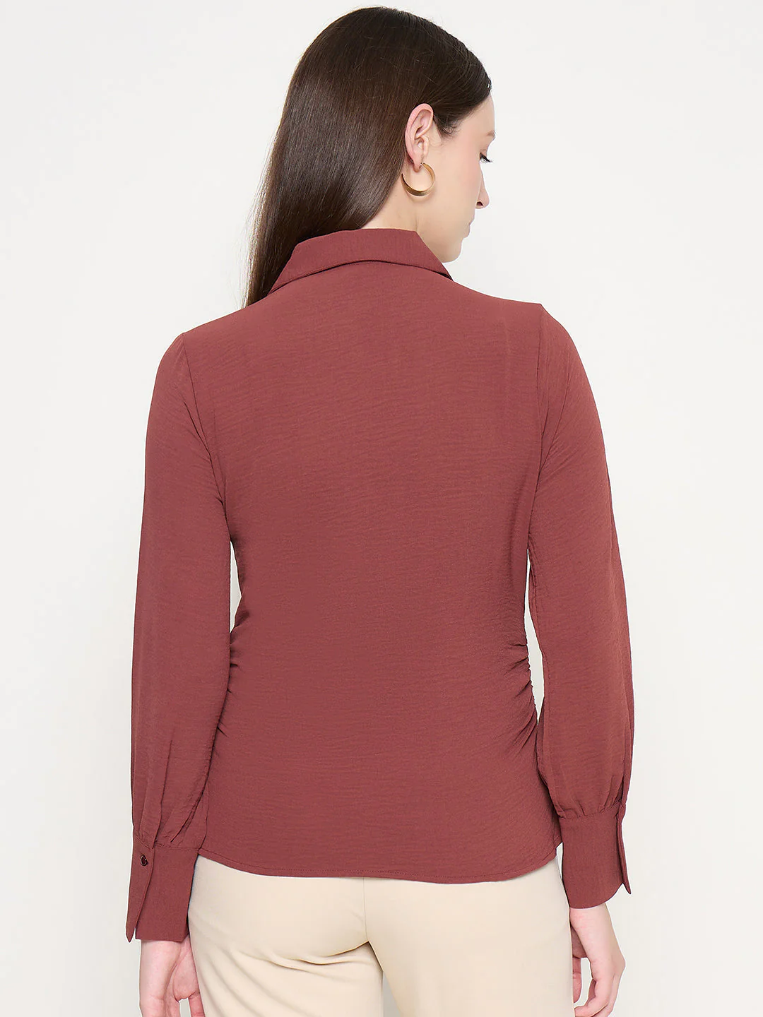 Madame Button Down Wing Necked Side Ruched Solid Brown Shirt - Image 6