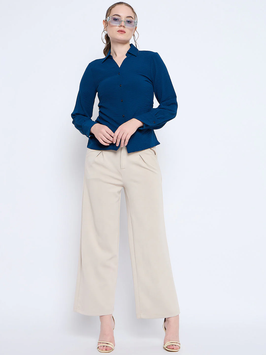 Madame Button Down Wing Necked Side Ruched Solid Teal Shirt - Image 2