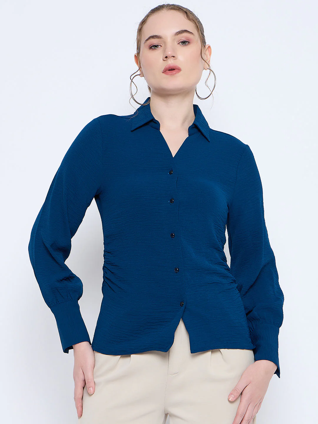 Madame Button Down Wing Necked Side Ruched Solid Teal Shirt - Image 3