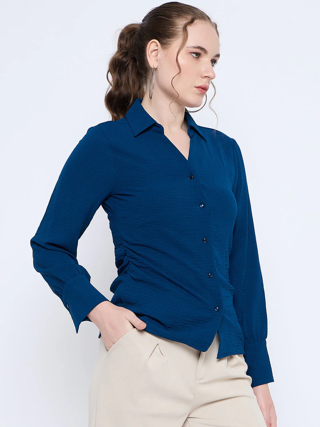 Madame Button Down Wing Necked Side Ruched Solid Teal Shirt - Image 4