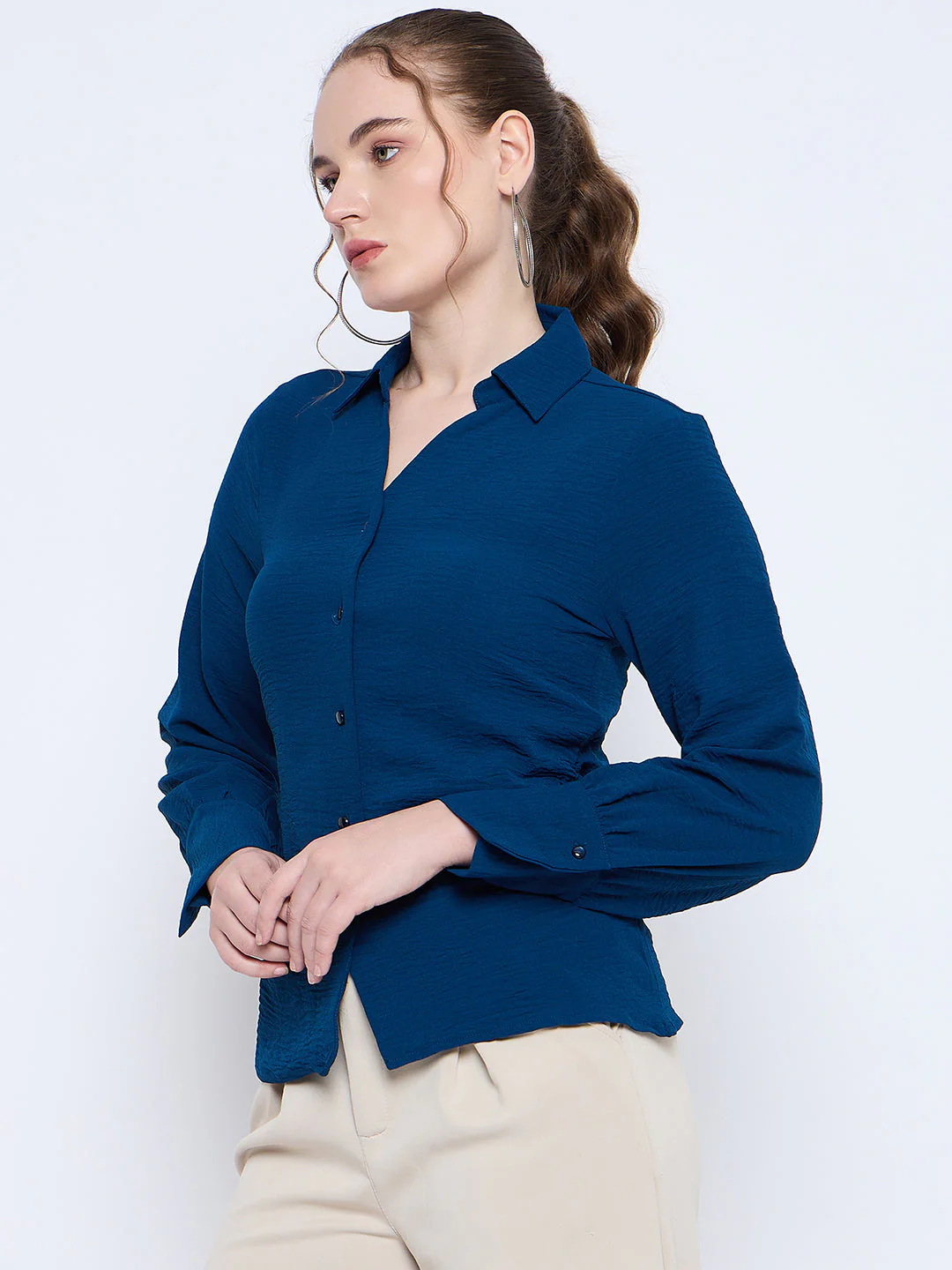Madame Button Down Wing Necked Side Ruched Solid Teal Shirt - Image 5