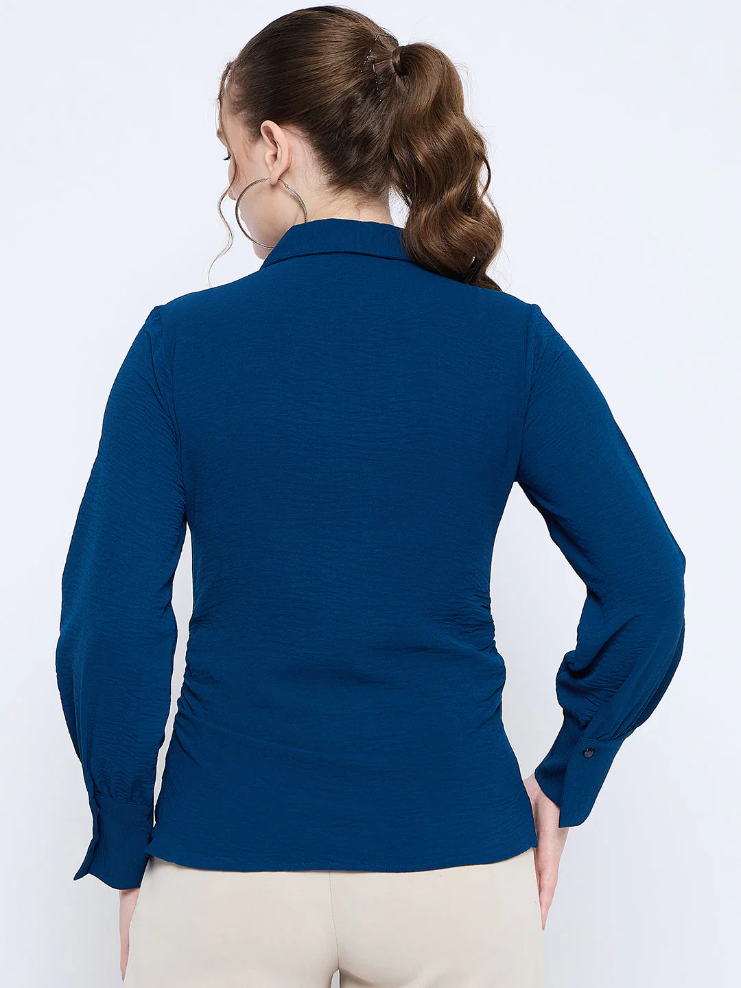 Madame Button Down Wing Necked Side Ruched Solid Teal Shirt - Image 6