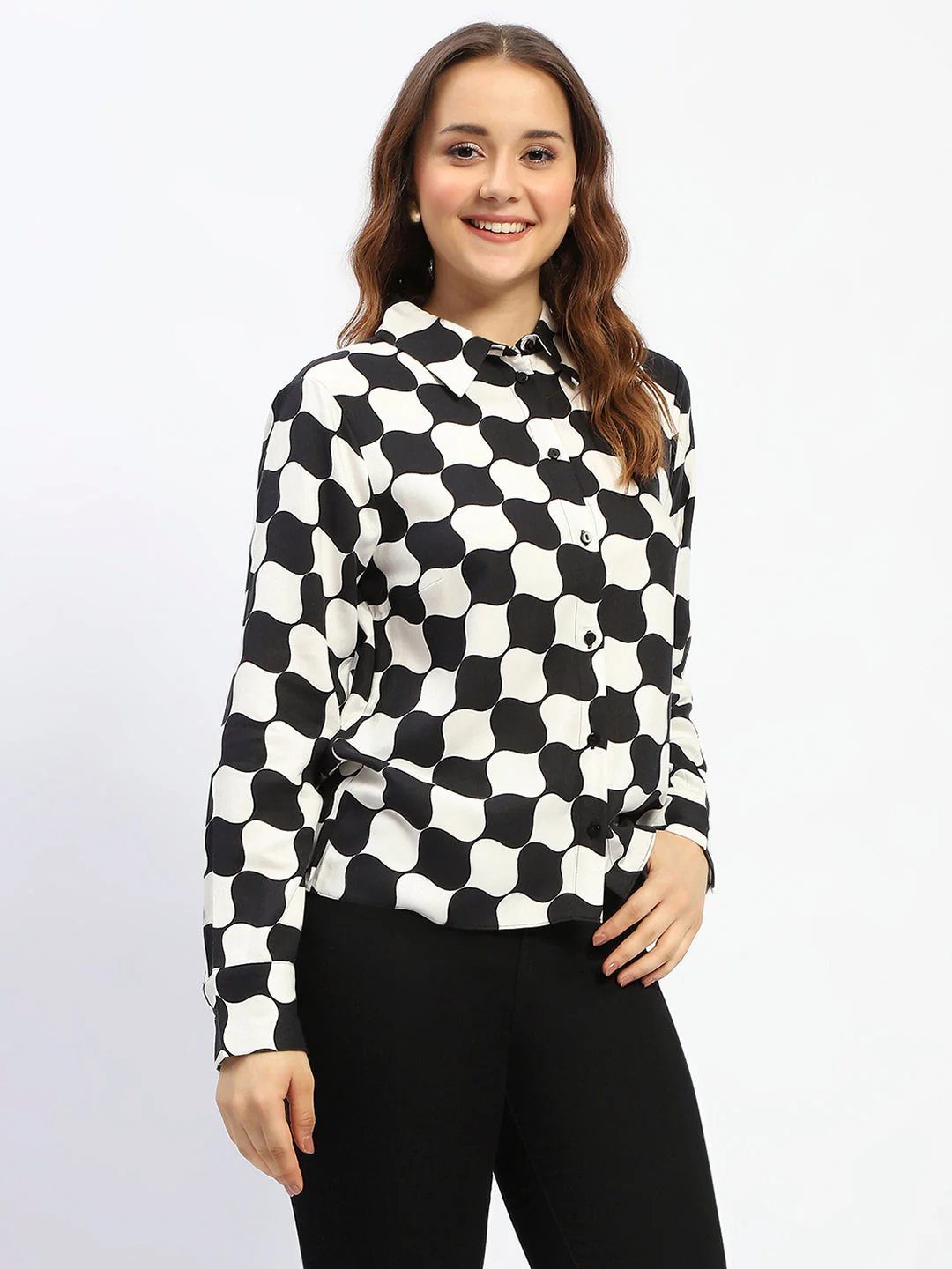 Madame Chessboard Print Black Viscose Shirt - Image 3