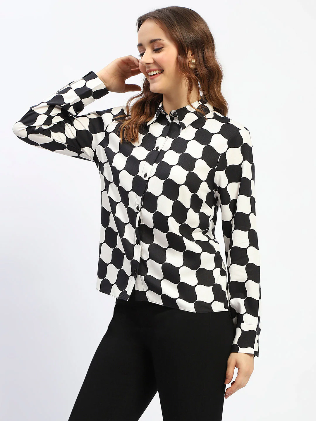 Madame Chessboard Print Black Viscose Shirt - Image 4