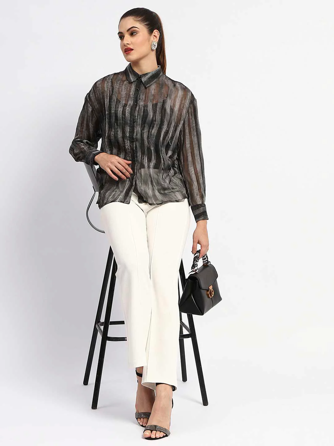 Madame Striped Collared Black Shirt - Image 2
