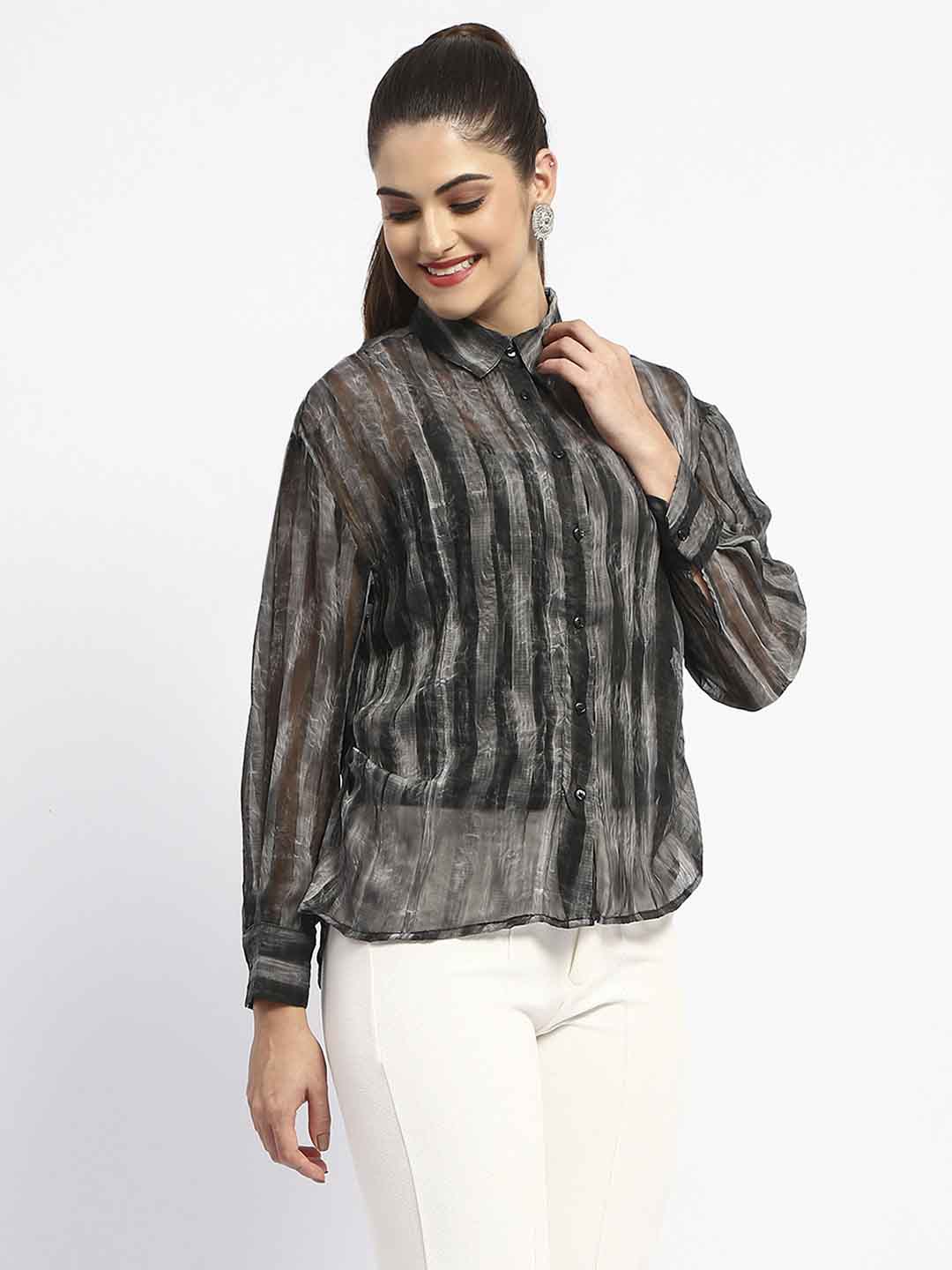 Madame Striped Collared Black Shirt - Image 4