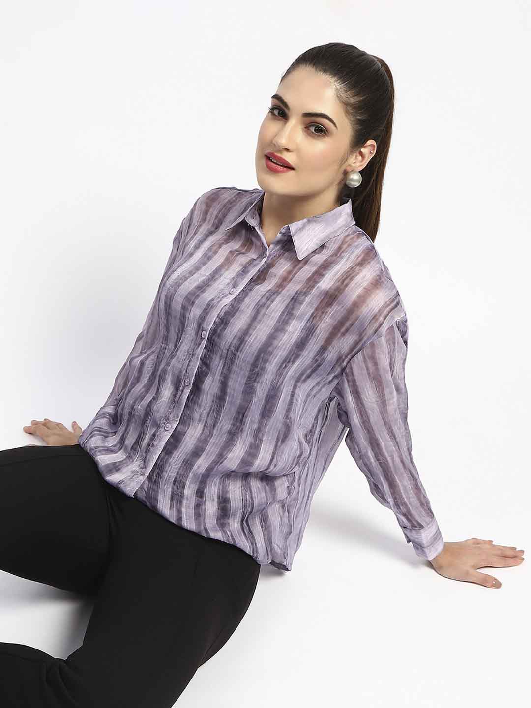 Madame Striped Collared Purple Shirt