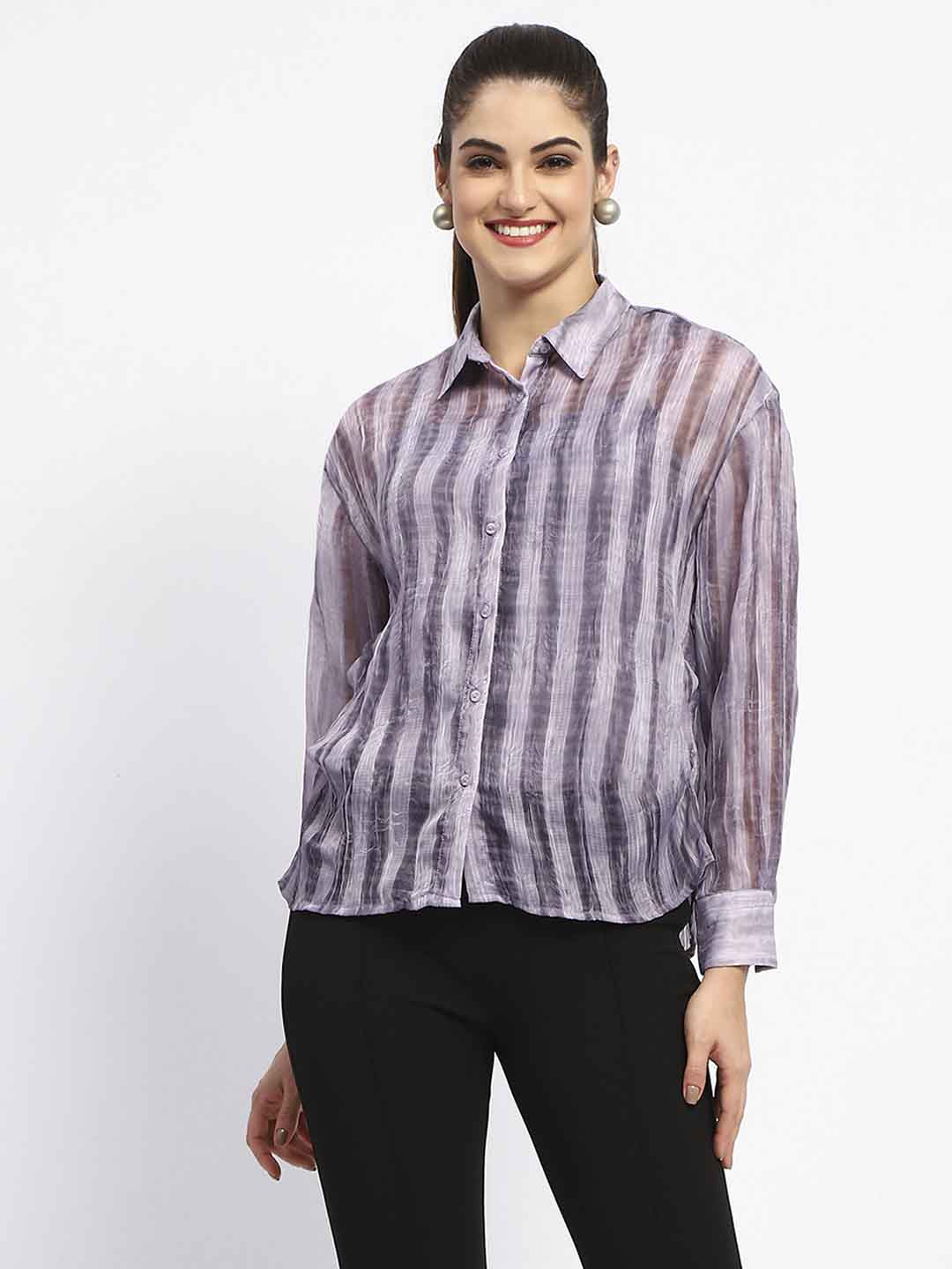 Madame Striped Collared Purple Shirt - Image 2