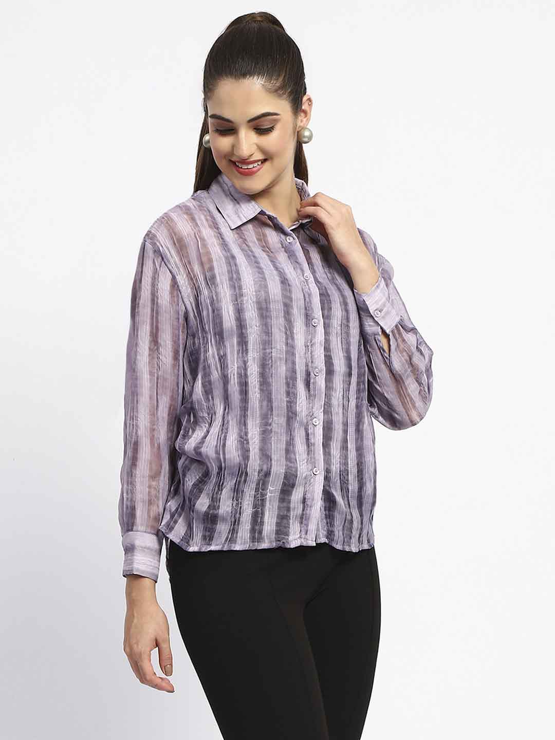 Madame Striped Collared Purple Shirt - Image 3