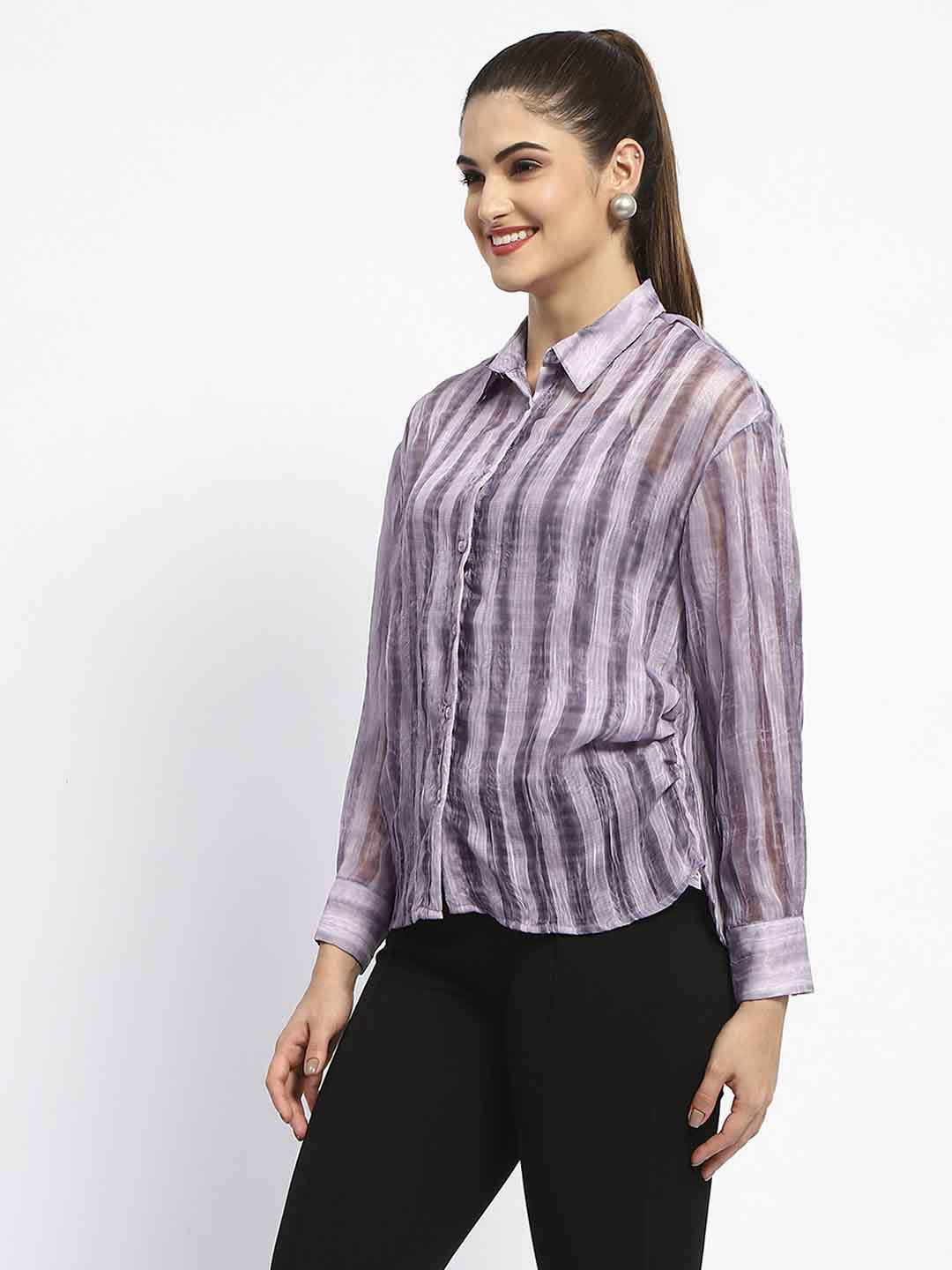 Madame Striped Collared Purple Shirt - Image 4