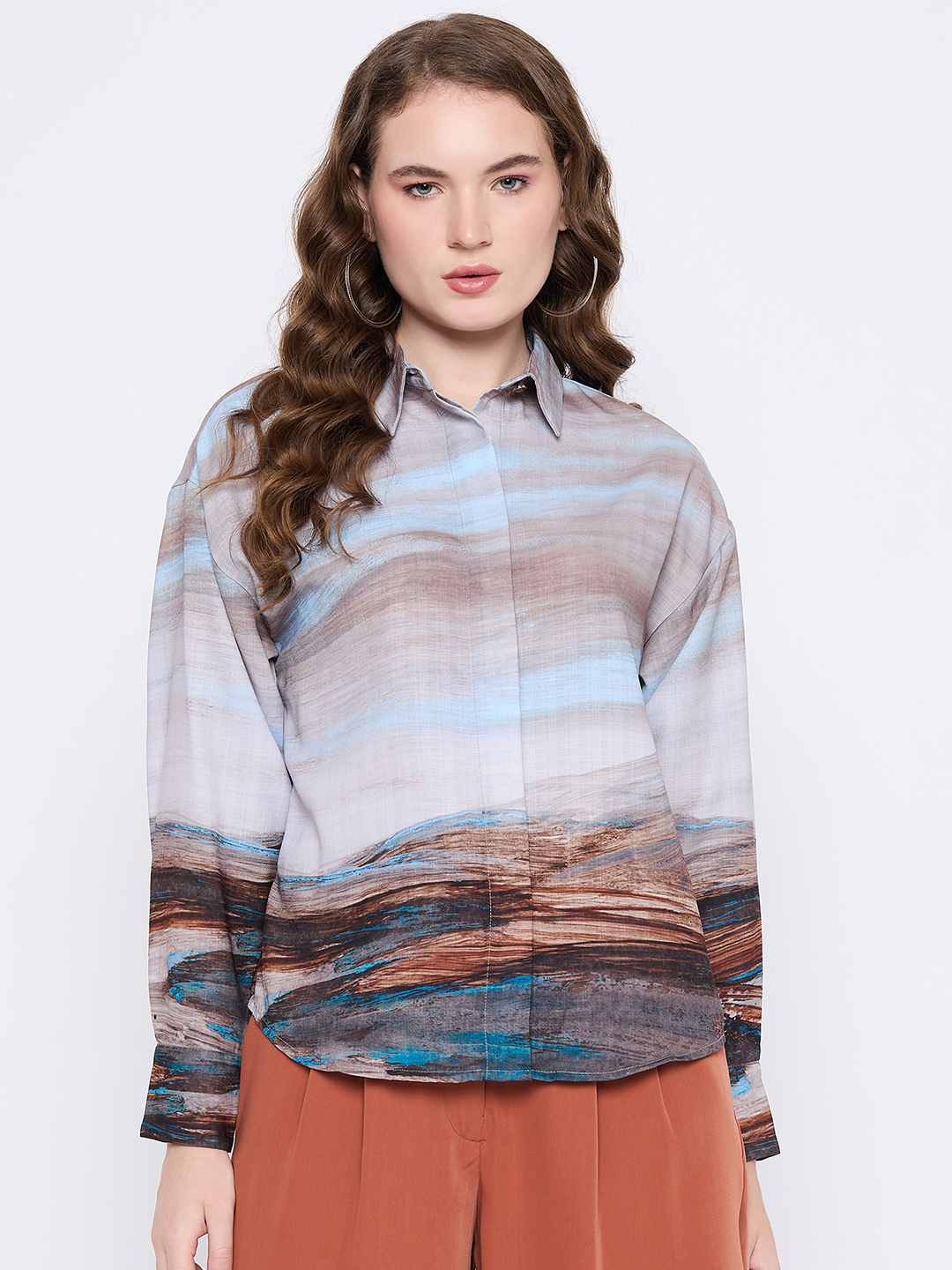Madame Abstract Print Button Down Sky Blue Shirt Collar Shirt - Image 3
