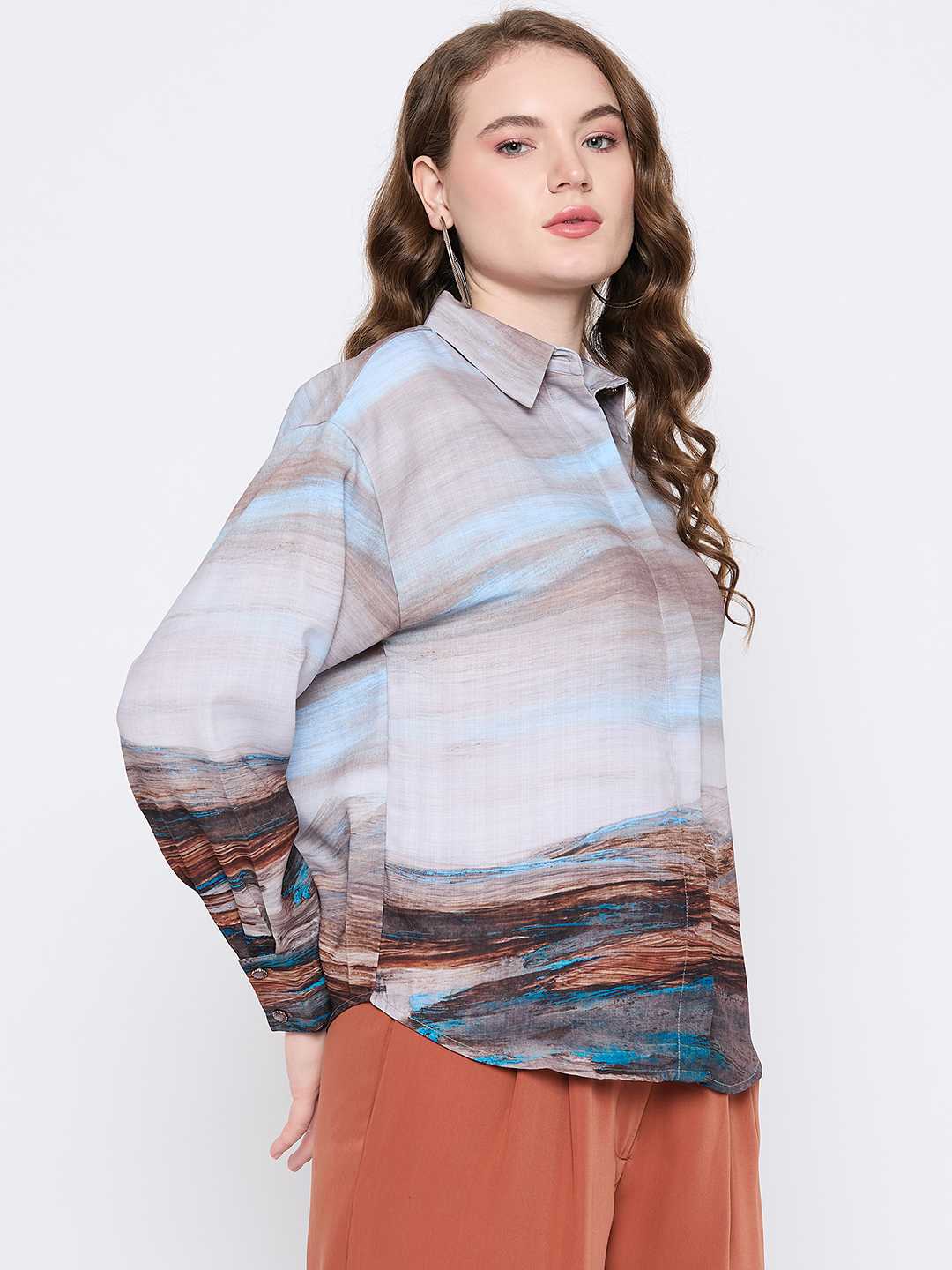 Madame Abstract Print Button Down Sky Blue Shirt Collar Shirt - Image 4