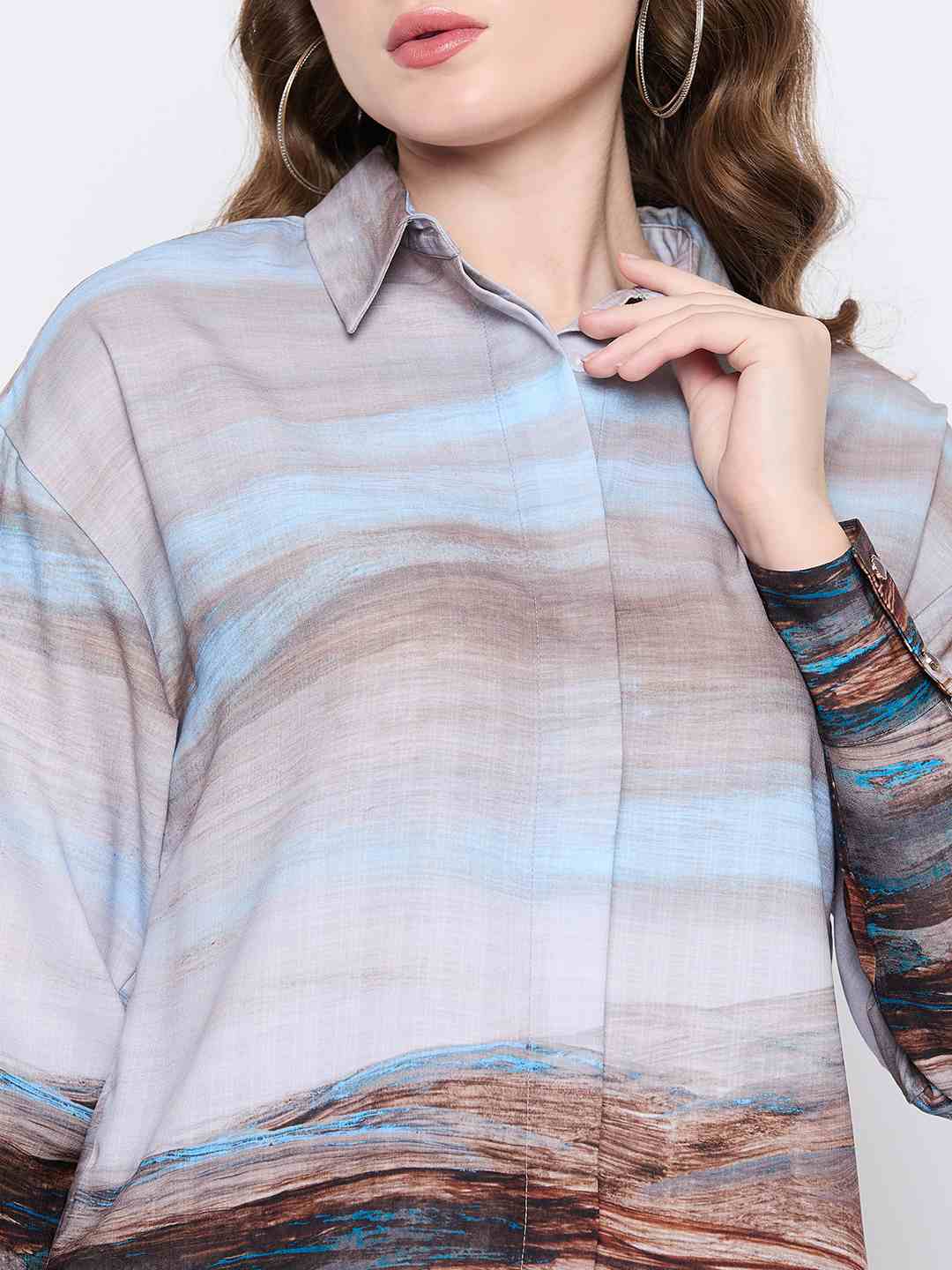 Madame Abstract Print Button Down Sky Blue Shirt Collar Shirt - Image 7