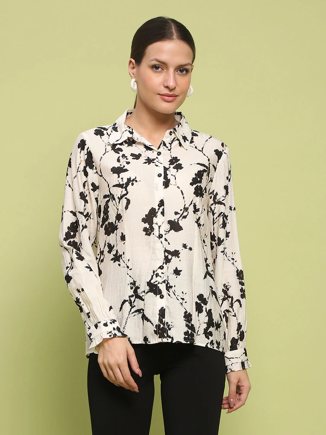 Madame Floral Print Buttoned Front Collared Off White Shirt - Image 3