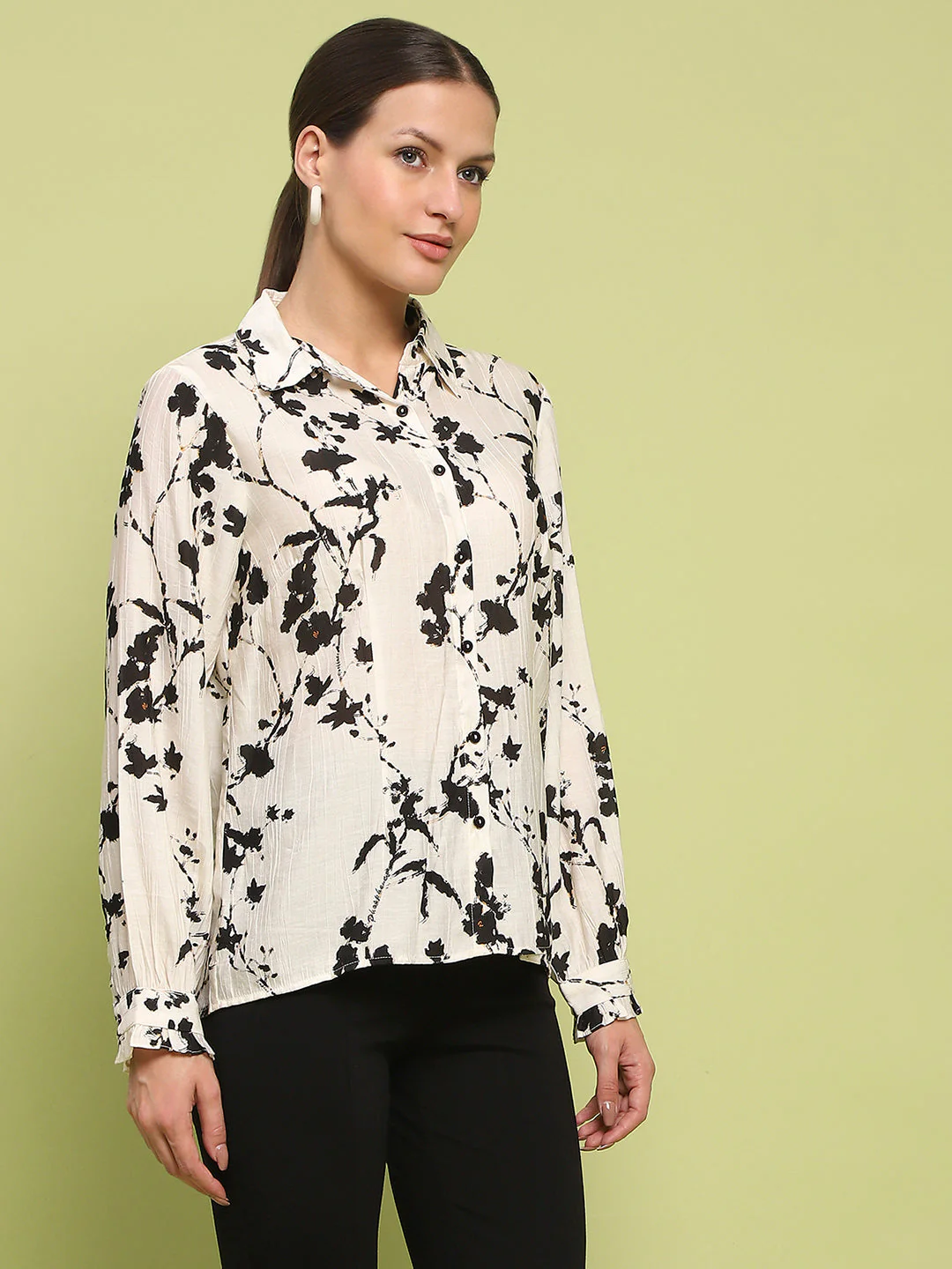 Madame Floral Print Buttoned Front Collared Off White Shirt - Image 4