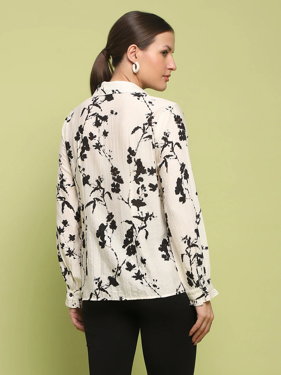 Madame Floral Print Buttoned Front Collared Off White Shirt - Image 6