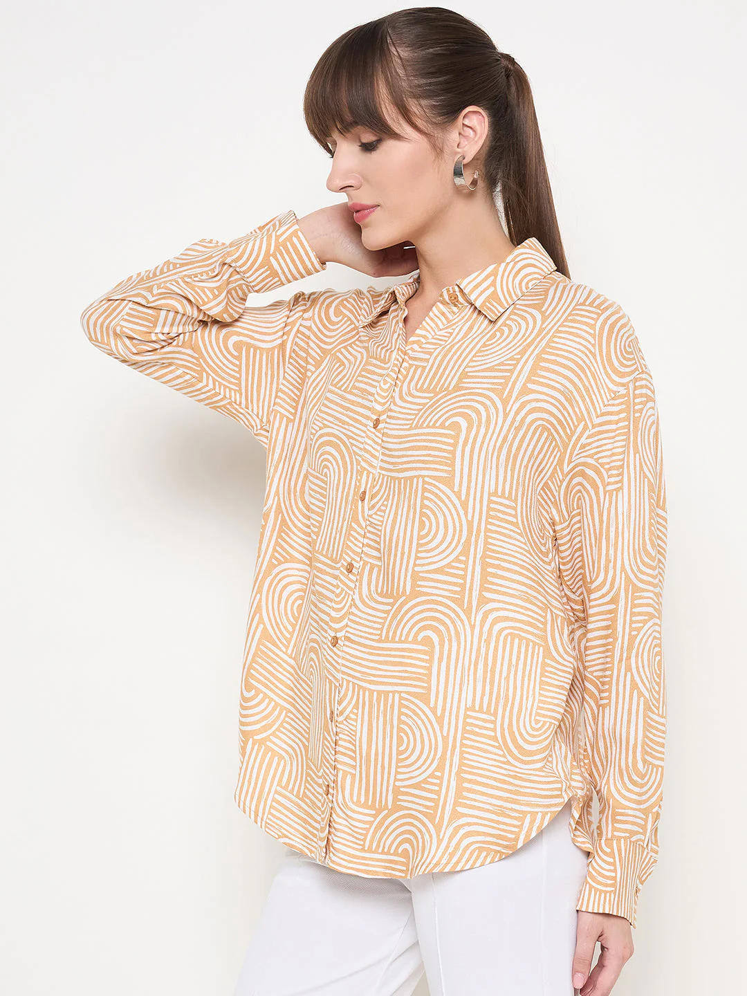Madame Abstract Print Shirt Collar Brown Shirt - Image 4