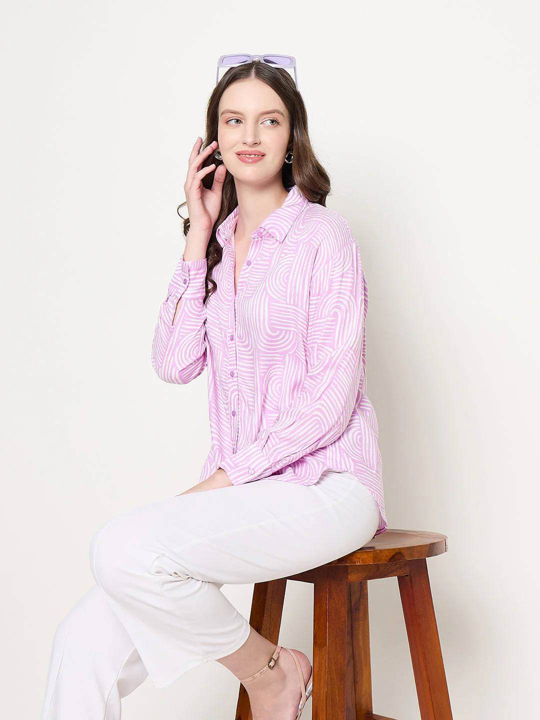 Madame Abstract Print Shirt Collar Purple Shirt