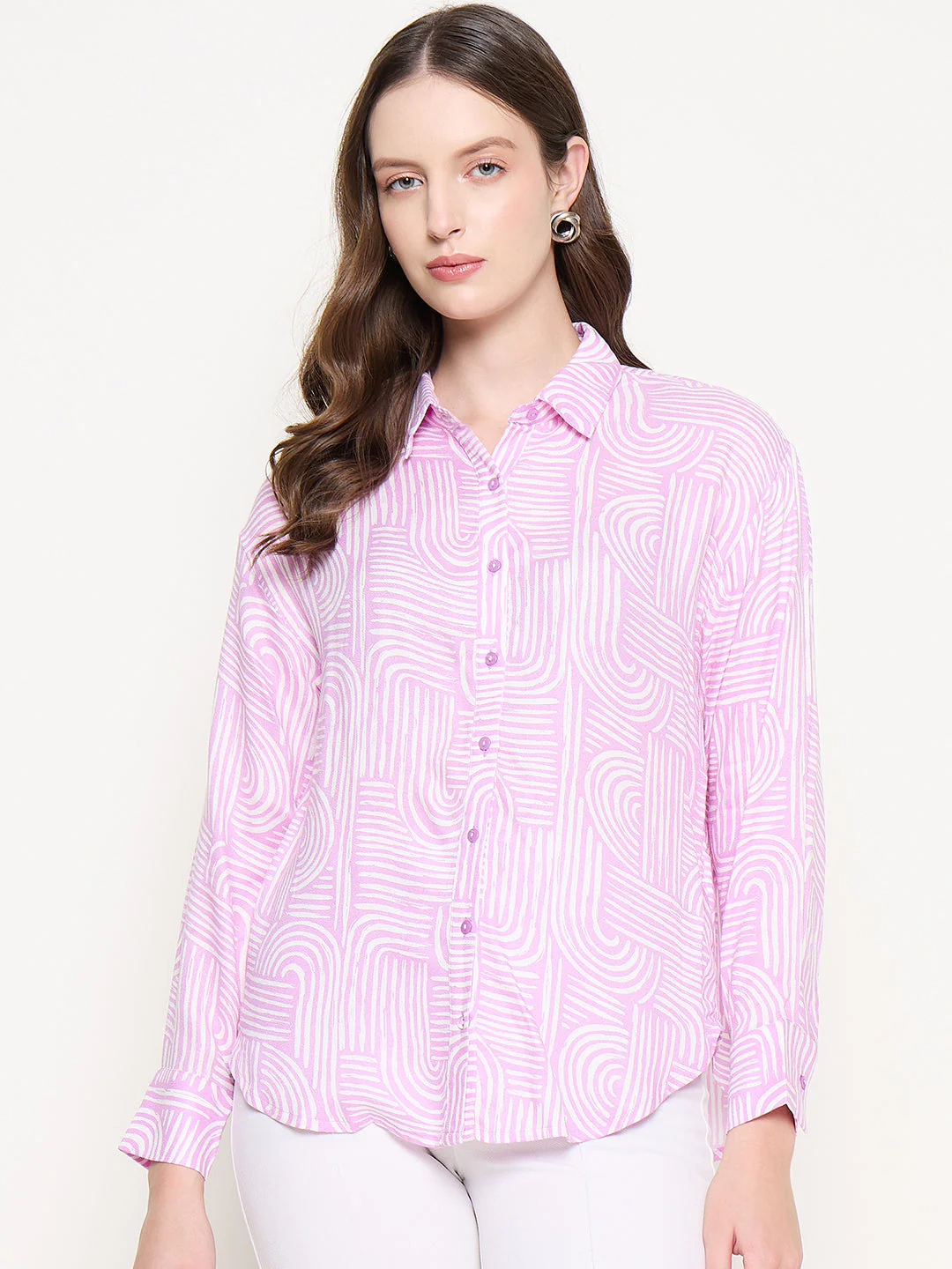 Madame Abstract Print Shirt Collar Purple Shirt - Image 3