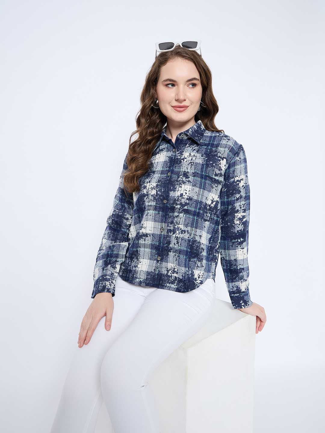 Madame Long Sleeve All Over Printed Shirt Collar Front Button Blue Shirt - Image 2