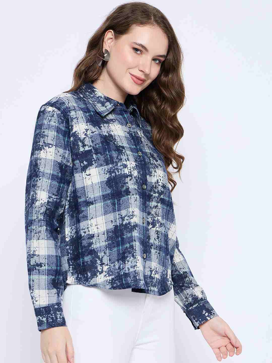Madame Long Sleeve All Over Printed Shirt Collar Front Button Blue Shirt - Image 4