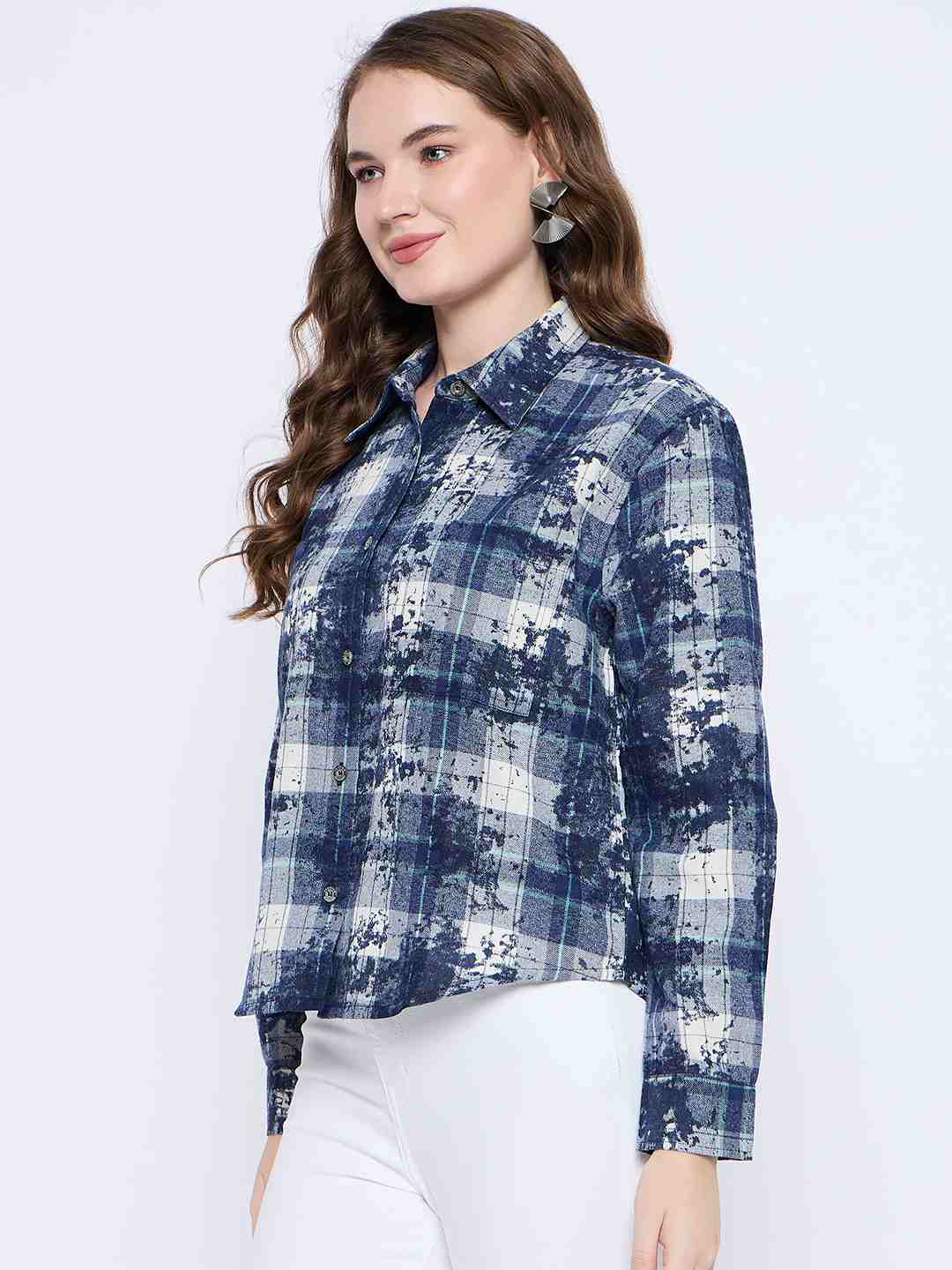 Madame Long Sleeve All Over Printed Shirt Collar Front Button Blue Shirt - Image 5