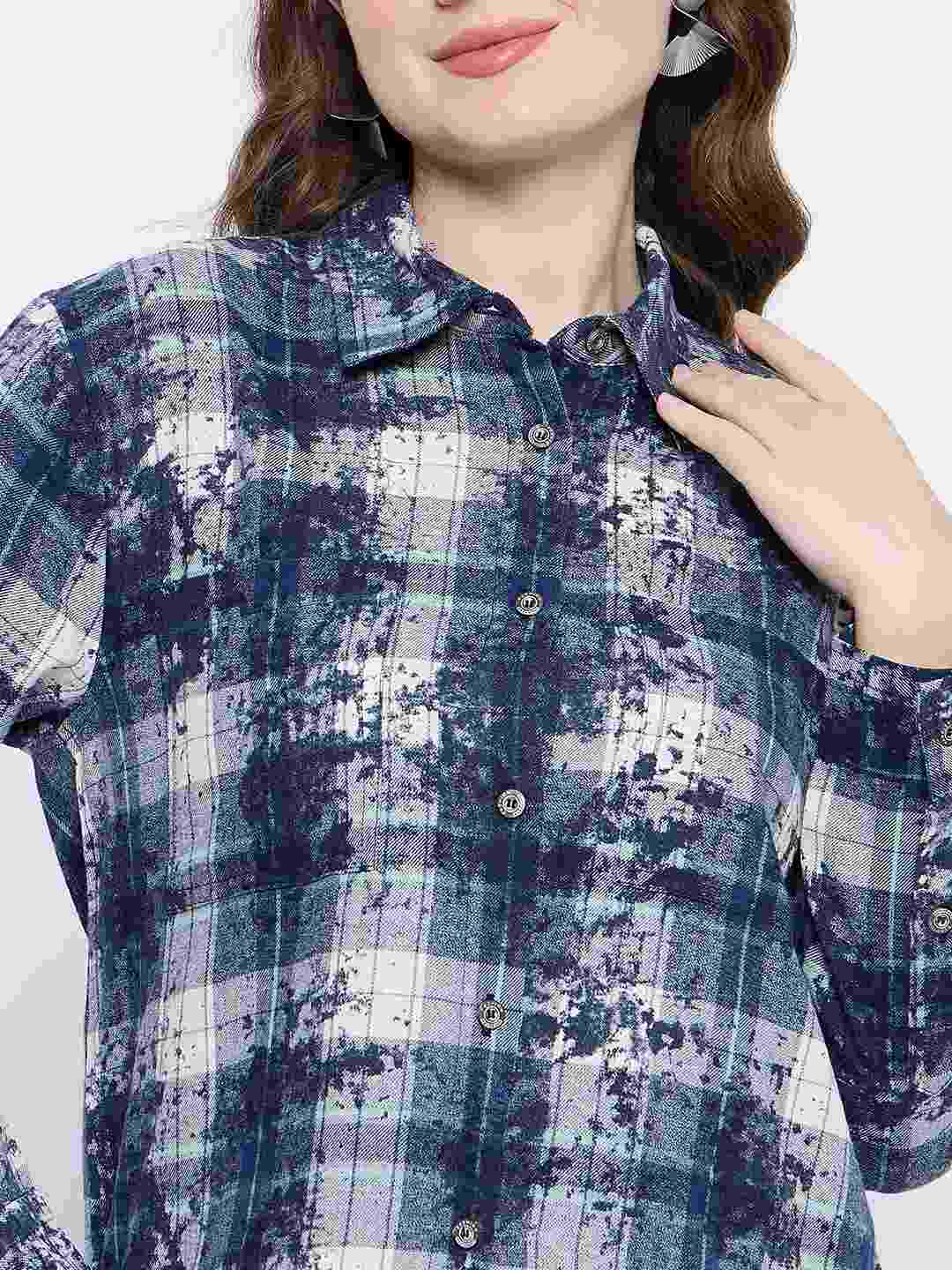 Madame Long Sleeve All Over Printed Shirt Collar Front Button Blue Shirt - Image 7