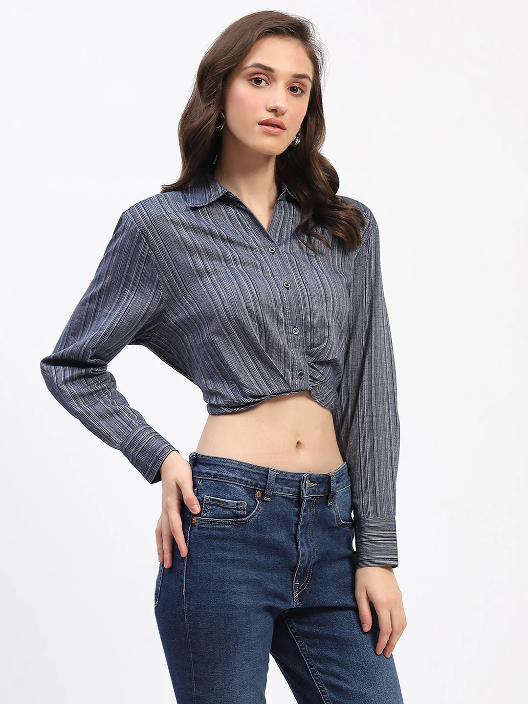 Madame Striped Overlap Detailing Collared Mauve Shirt - Image 3