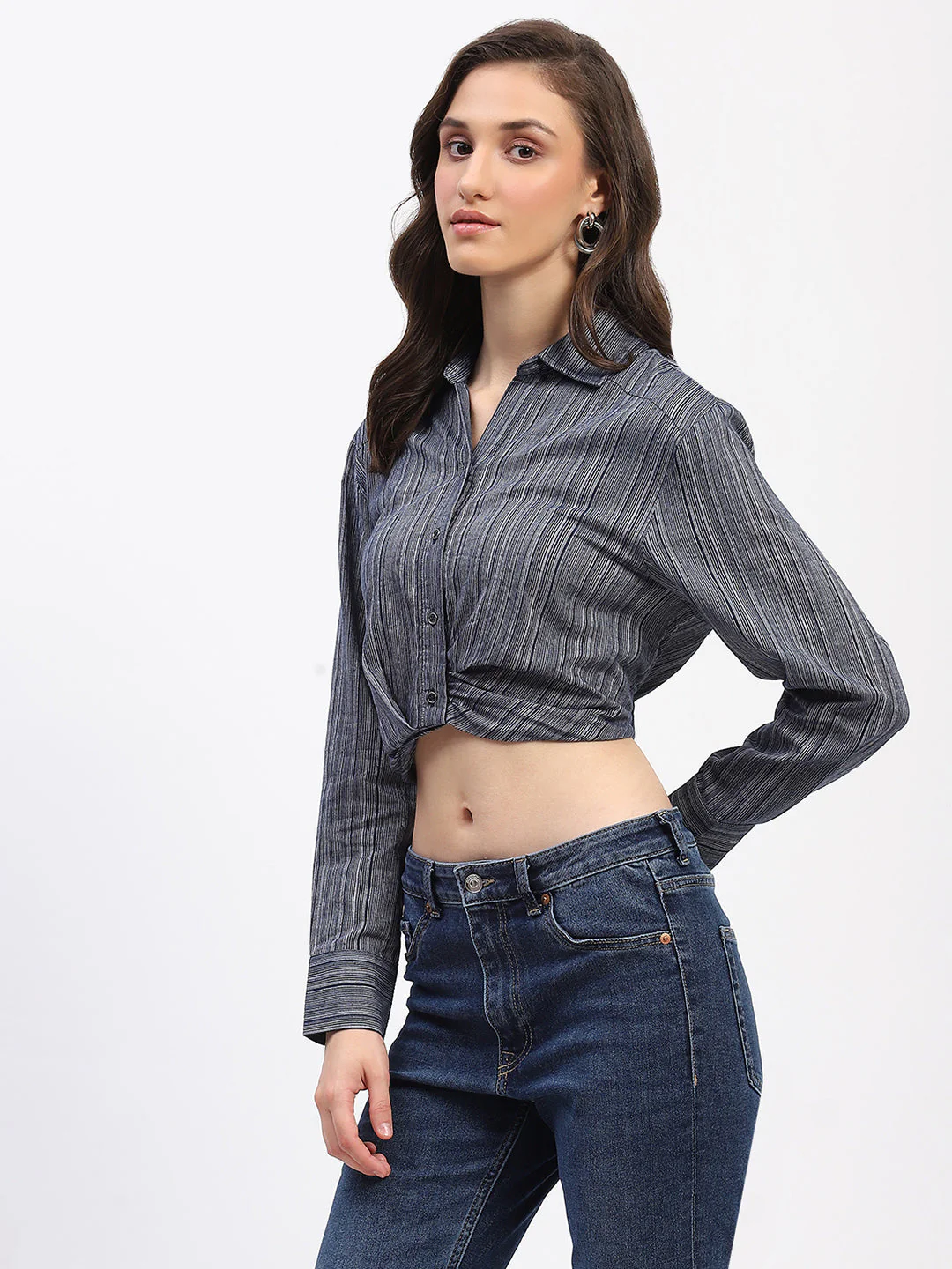 Madame Striped Overlap Detailing Collared Mauve Shirt - Image 4
