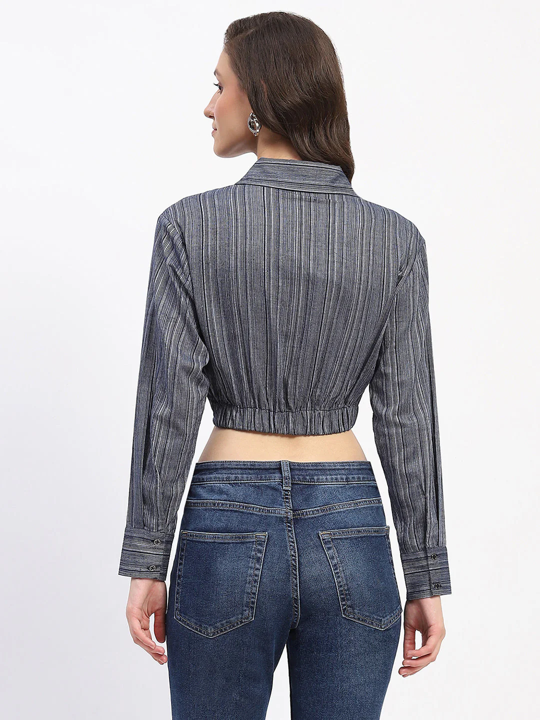 Madame Striped Overlap Detailing Collared Mauve Shirt - Image 5