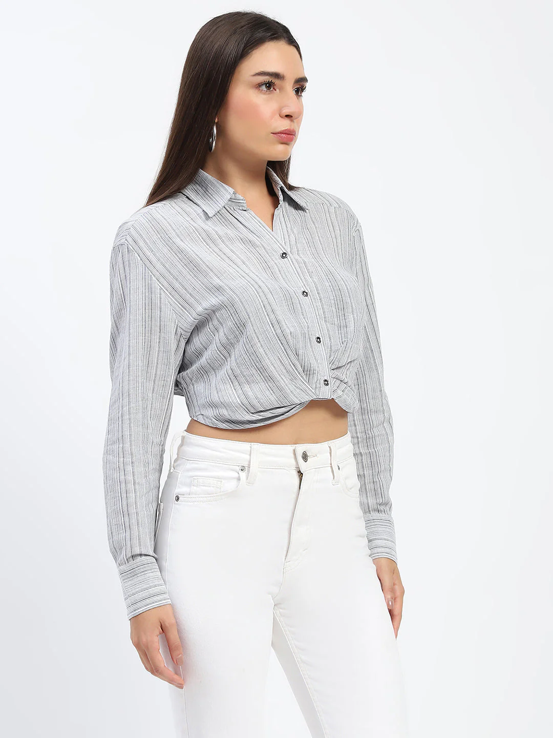 Madame Striped Overlap Detailing Off White Shirt - Image 3