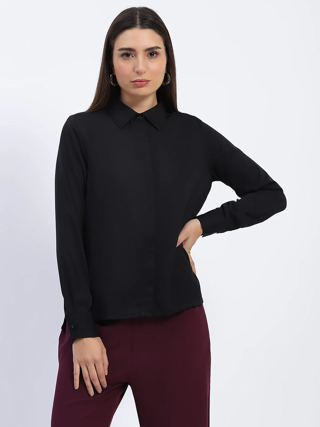 Madame Button Down Solid Black Shirt - Image 2