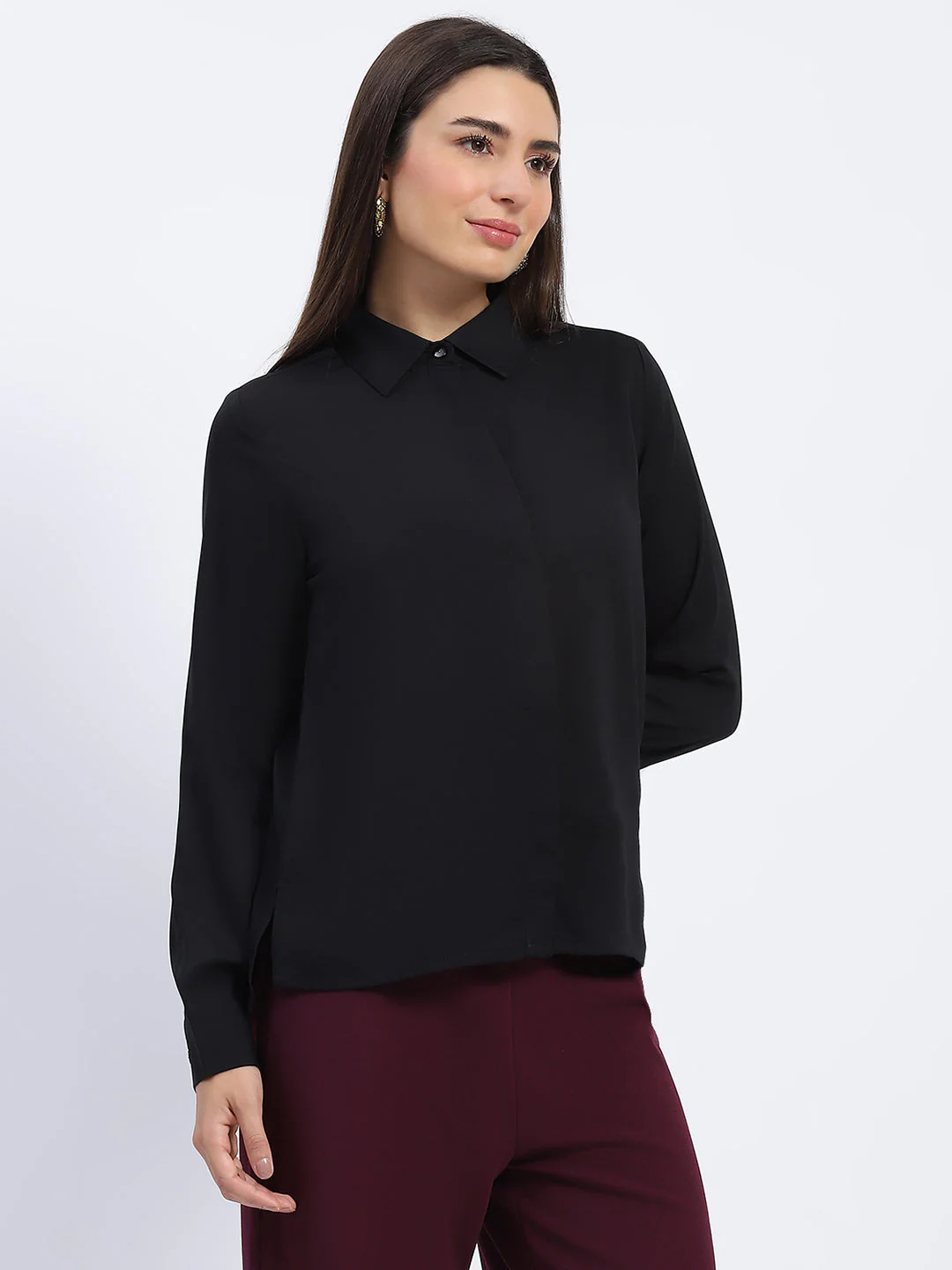 Madame Button Down Solid Black Shirt - Image 3