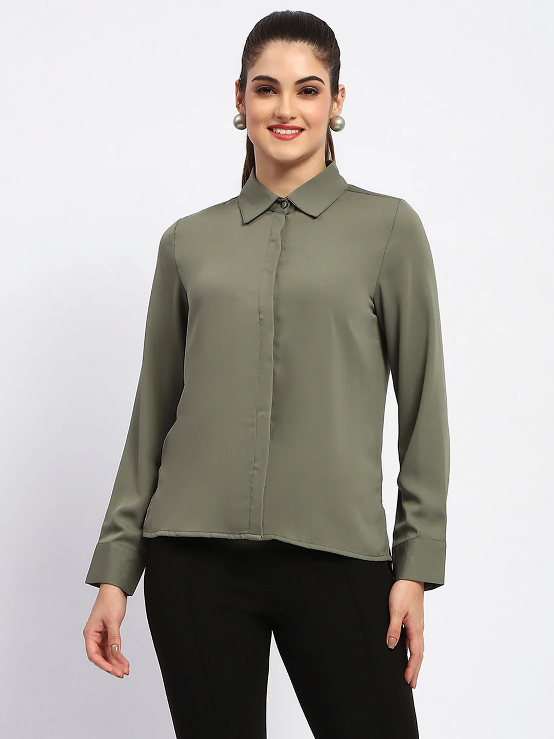 Madame Solid Green Cuff Sleeve Shirt - Image 2